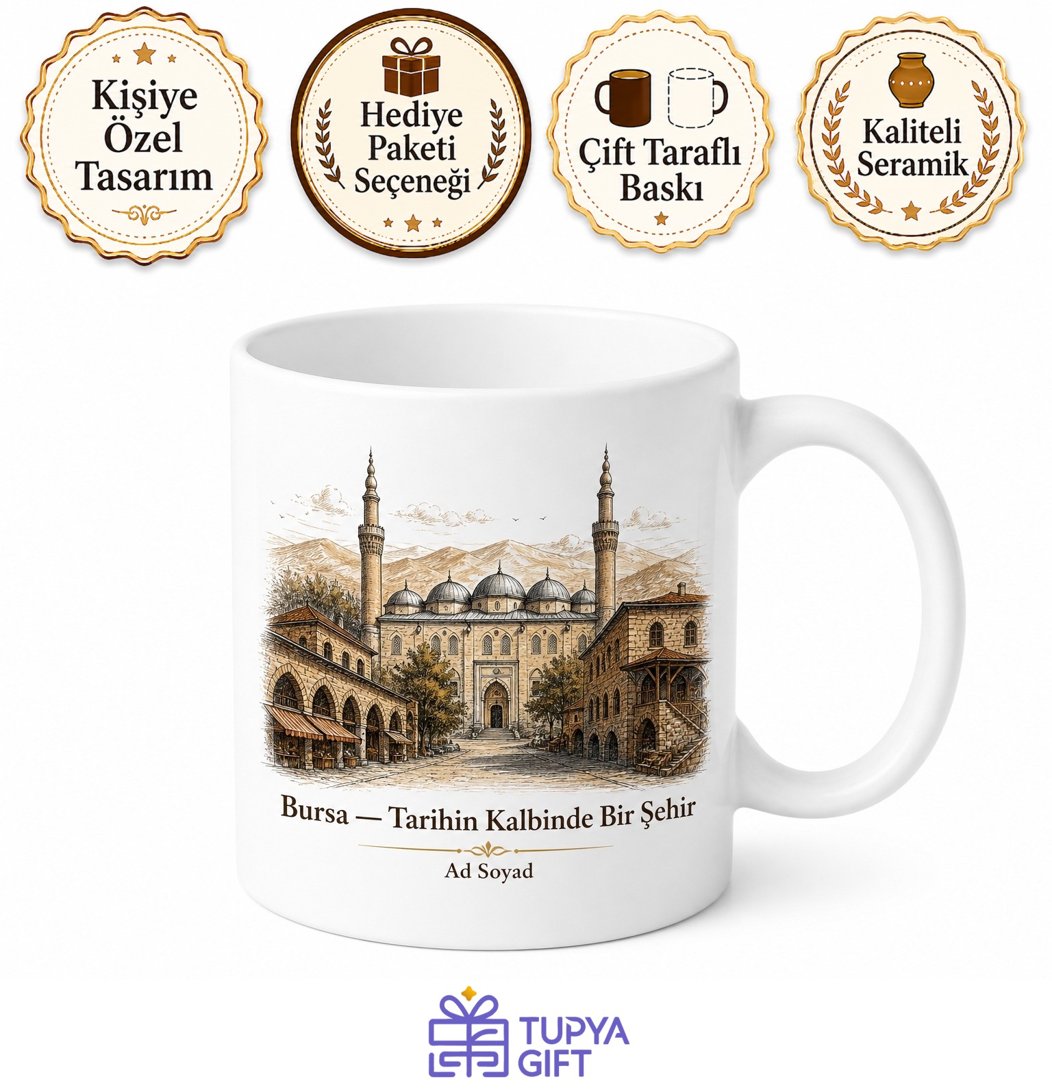 Bursa Ulu Cami Tarihi Hanlar Şehir Ruhu Temalı Porselen Kupa Bardak Hediye