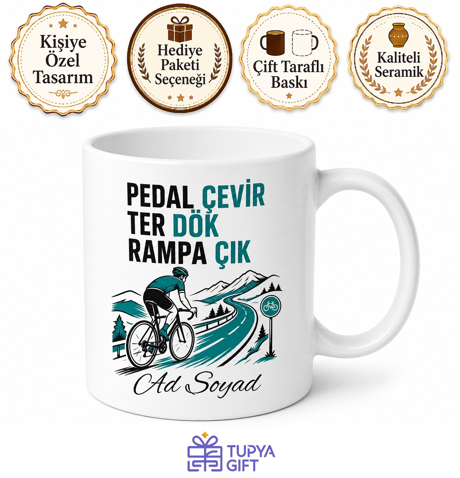Bisikletçiye Pedal Çeviren Ter Döken Rampa Çıkanlara Bisiklet Yolu Molası Kupa Hediye