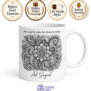 Zentangle Desenli Karalama Sanatı Siyah Beyaz Çay Kupası Hediye Bardak