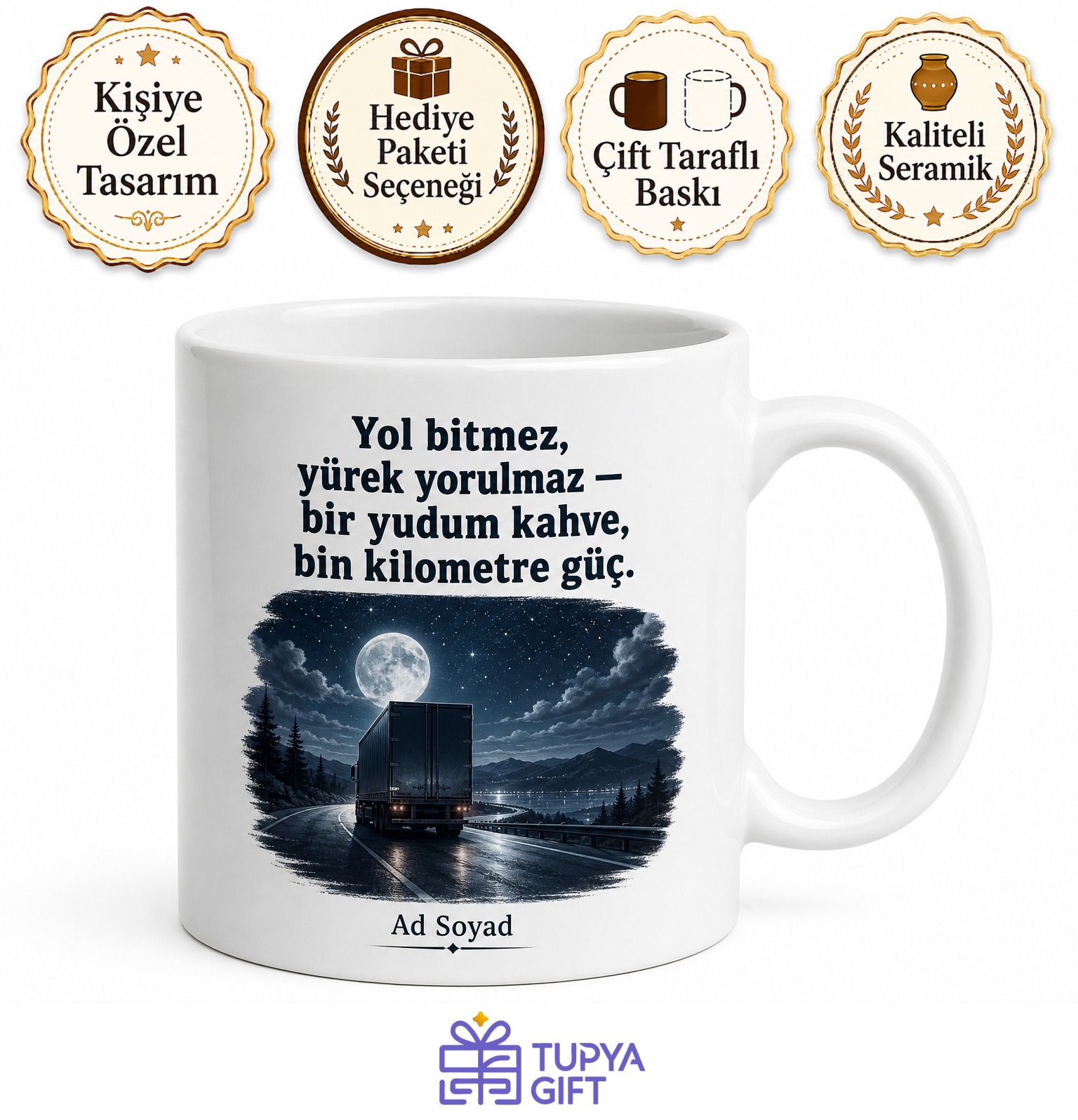 Tır Şoförüne Hediye Gece Yolculuğu Temalı Kahve Kupası Baskılı Bardak