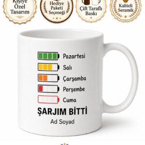 Cumaya Kadar Şarjım Bitti Esprili Pil Göstergeli Kupa Bardak Hediye