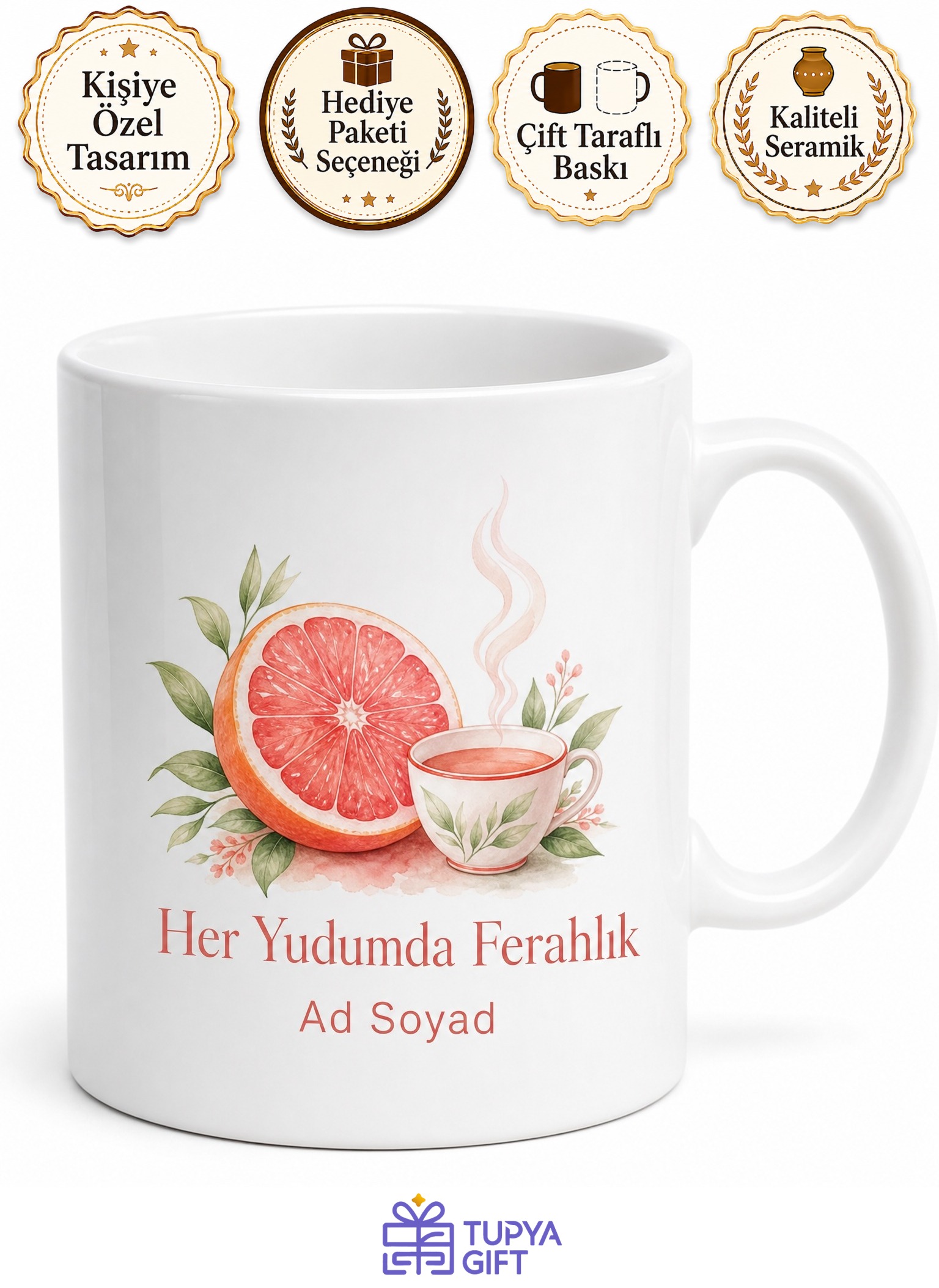 Greyfurt Çayı İçenlere Meyve Çayı Kupa Bardak Hediye Porselen Kupa