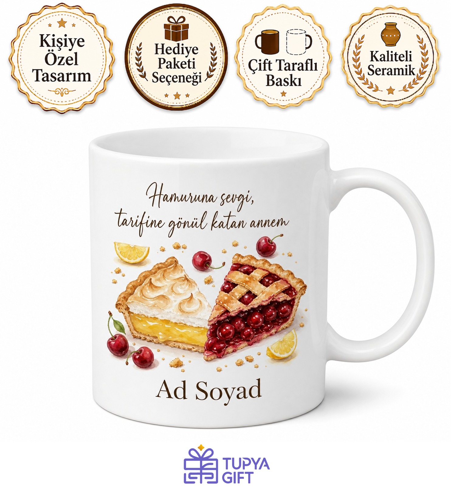 Pay Yapan Annelere Özel Limonlu Pay Vişneli Pay Temalı Kupa Bardak Hediye
