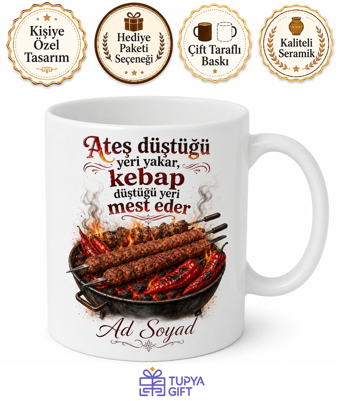Kebap Severlere Özel Adana Urfa Kebap Ocakbaşı Keyfi Baskılı Porselen Kupa Bardak Hediye