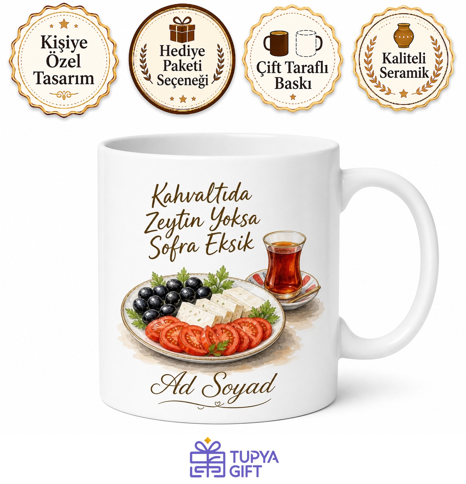Zeytin Peynir Kahvaltı Temalı Kupa Bardak Siyah Zeytin Beyaz Peynir Domates Söğüş Hediye