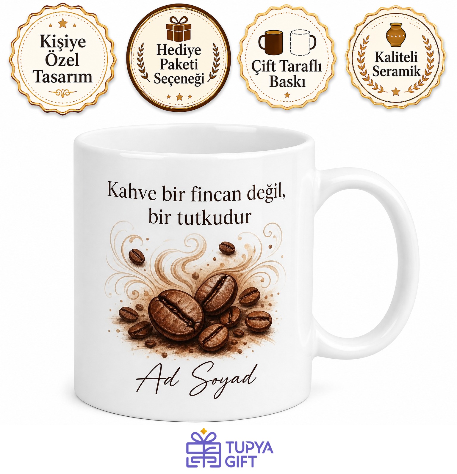 Kahve Çekirdeği Desenli Tiryaki Kupası Kahve Aşıkları İçin Özel Hediye Kupa Bardak