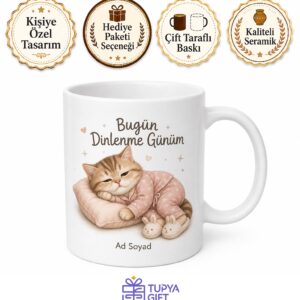Tembel Üşengeç Uyuyan Kedi Yastık İzi Pijama Terlik Baskılı Porselen Kupa Hediye