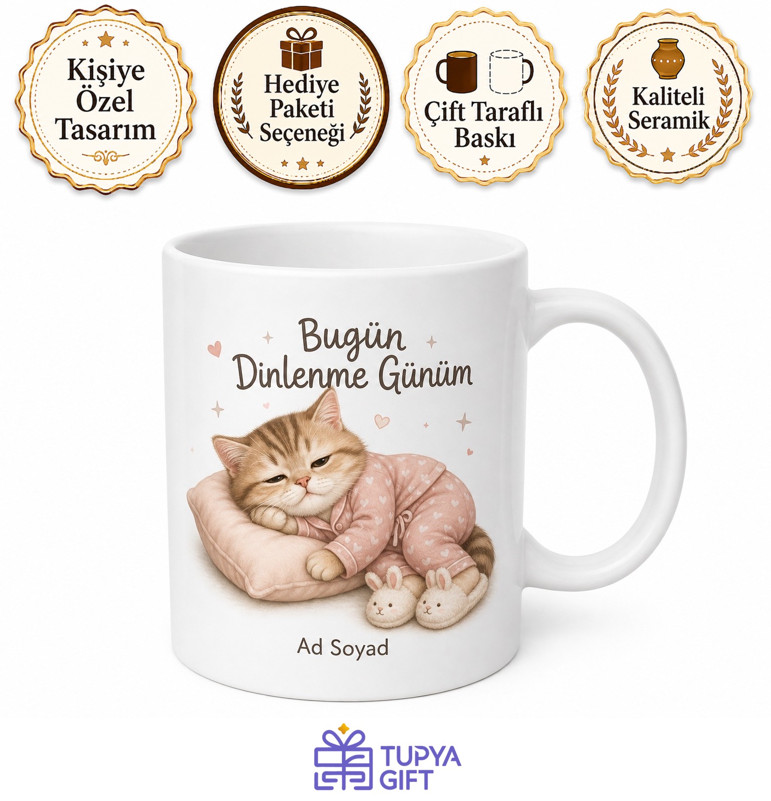 Tembel Üşengeç Uyuyan Kedi Yastık İzi Pijama Terlik Baskılı Porselen Kupa Hediye