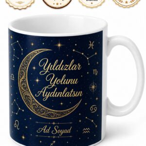 Gece Mavisi Altın Yaldızlı Ay Yıldız Astroloji Kupası Özel Tasarım Hediye Bardak