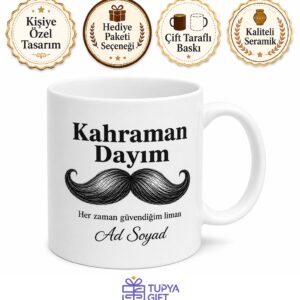 Kahraman Dayım Yazılı Esprili Bıyık Çizimli Seramik Kupa Bardak Hediye