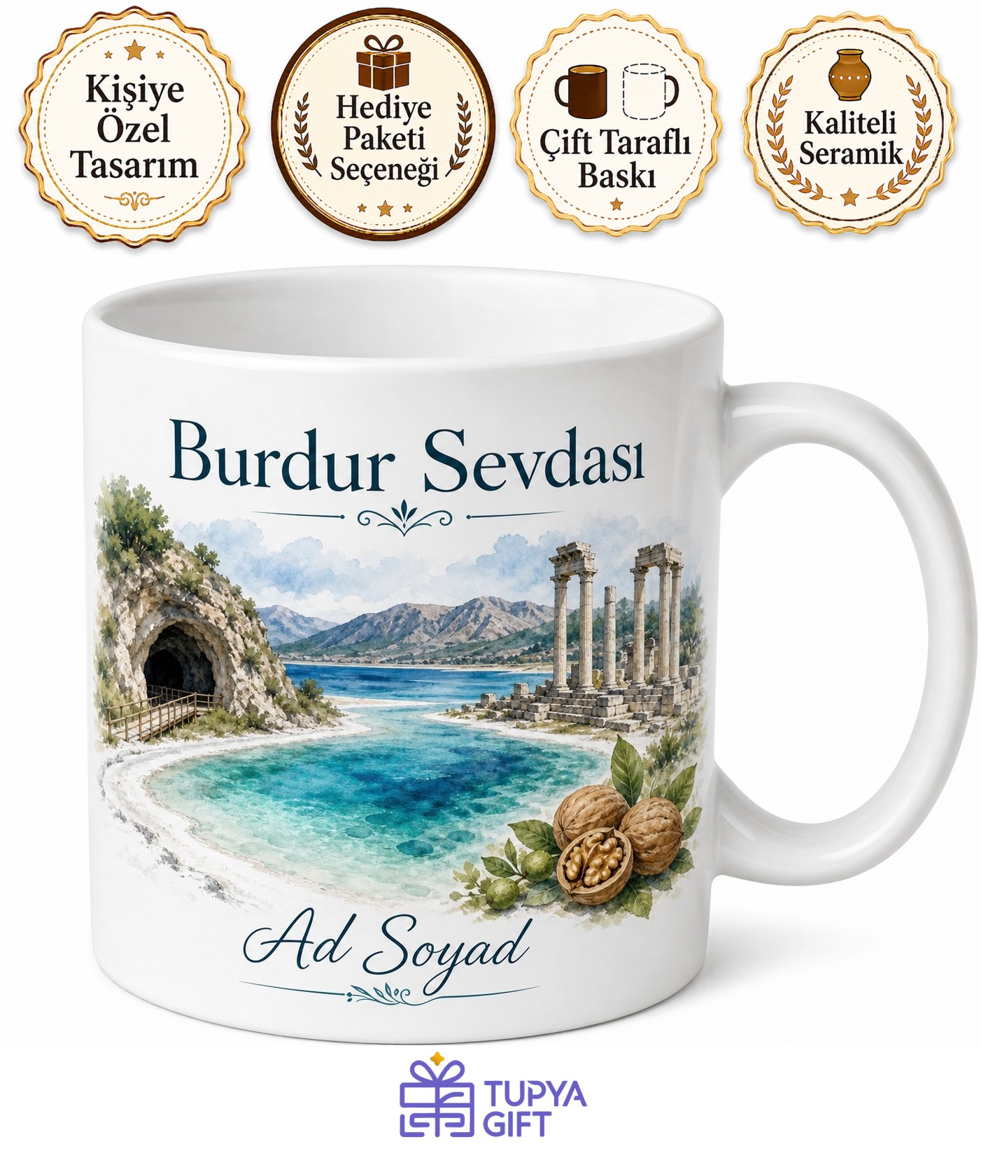 Burdur Salda Gölü Maldivler İnsuyu Mağarası Sagalassos Ceviz Ezmesi Porselen Kupa Hediye Bardak