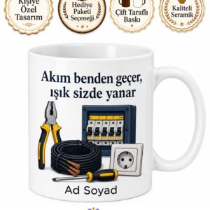 Elektrikçiye Hediye Elektrik Tesisatı Kablo Çekme Şartel Priz Baskılı Porselen Kupa Bardak