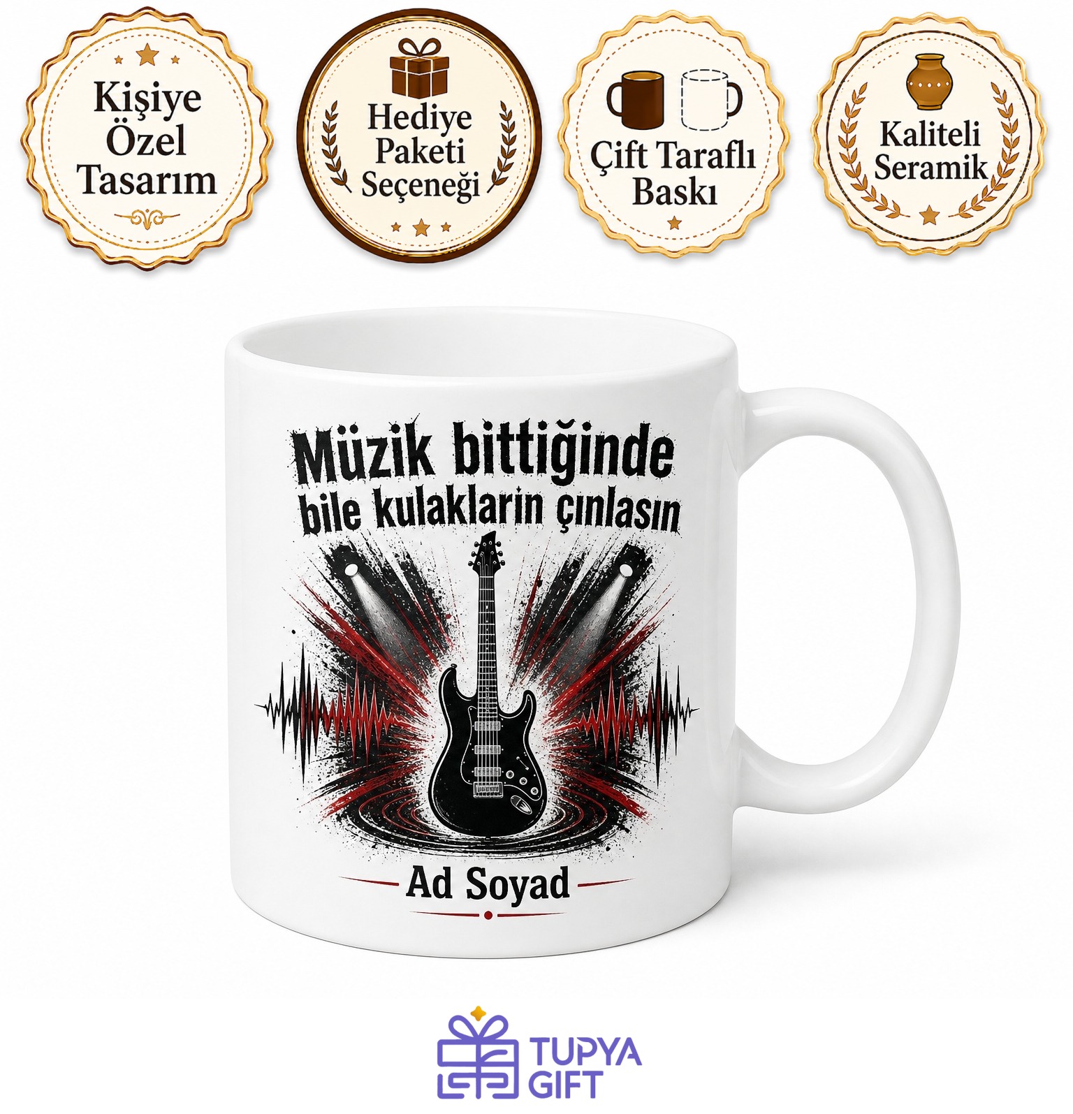 Rock Dinleyenlere Elektro Gitar Solo Konser Headbang Baskılı Porselen Kupa Bardak Hediye