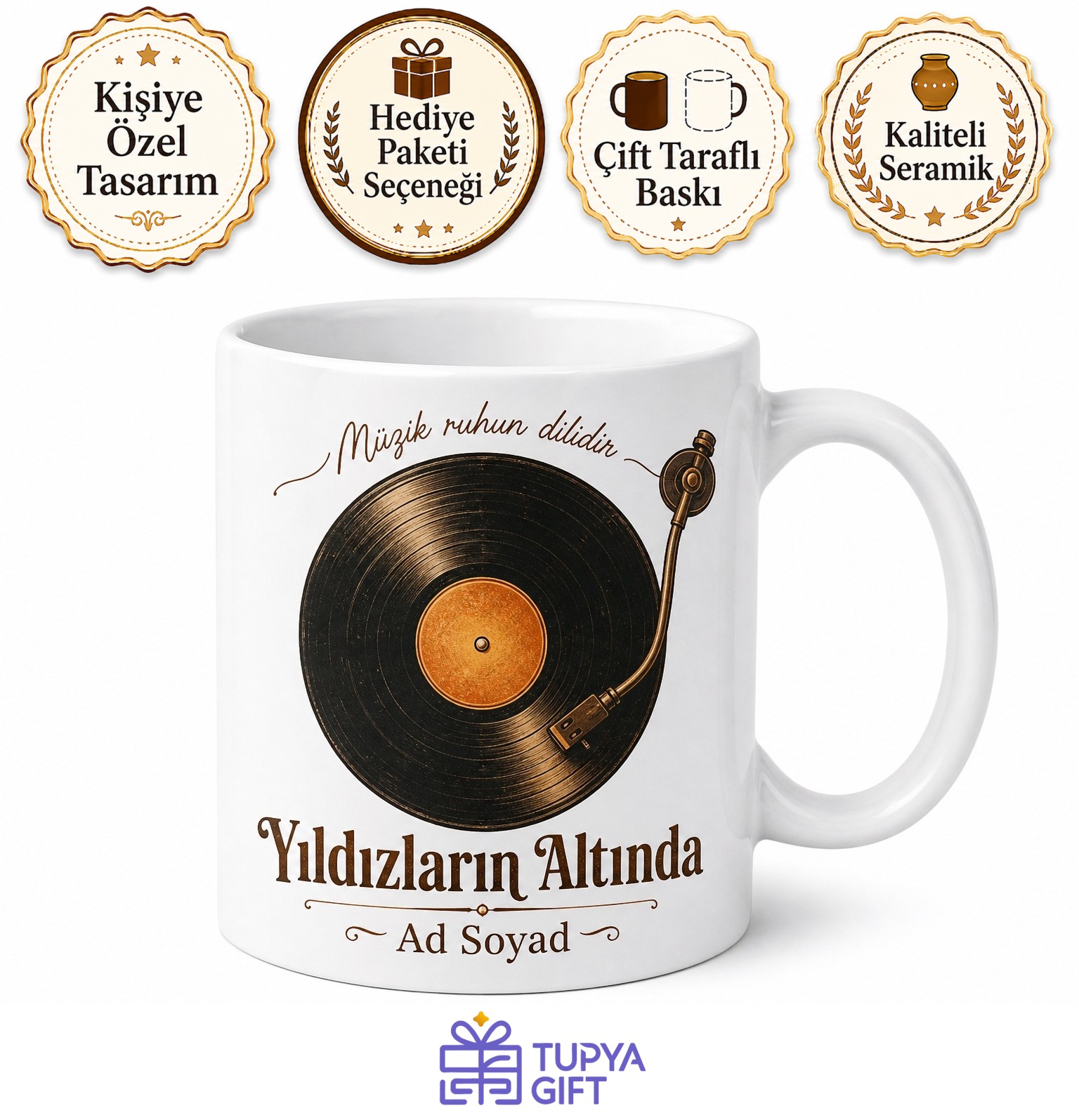 Retro Vinil Plak Görseli Ve Şarkı İsimli Nostaljik Müzik Sever Kupası Hediye Bardak