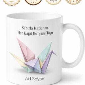 Origami Kağıt Katlama Sanatı Turna Kuşu Şans Figürleri Baskılı Porselen Kupa Bardak Hediye