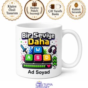 Oyuncu Gamer Klavye Tuşları Can Barı Seviye Atlayan Kupa Bardak Hediye