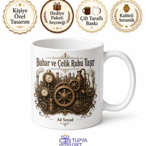Steampunk Buhar Makinesi Mekanik Dişli Çark Tasarım Baskılı Porselen Kupa Bardak Hediye