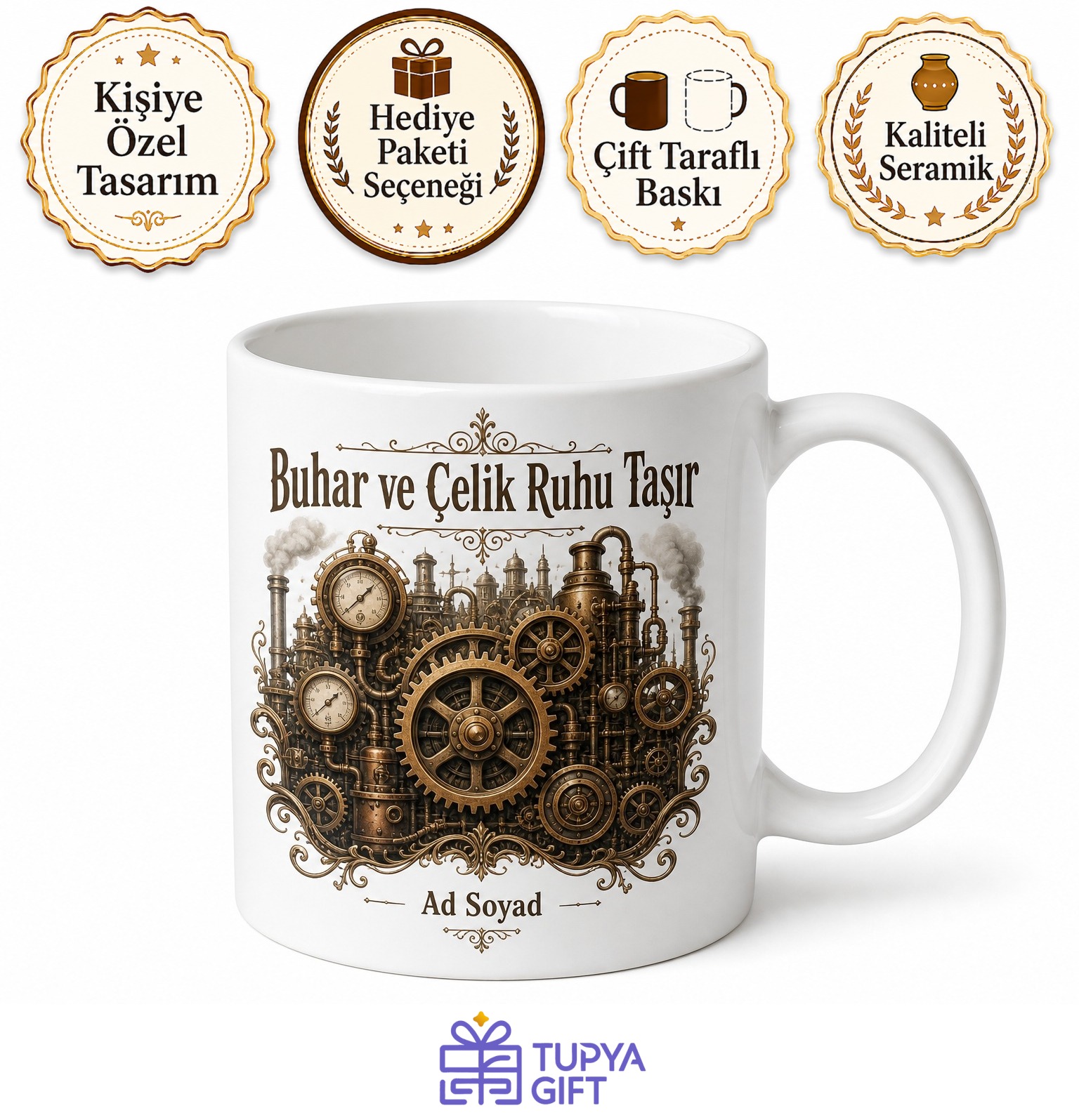 Steampunk Buhar Makinesi Mekanik Dişli Çark Tasarım Baskılı Porselen Kupa Bardak Hediye