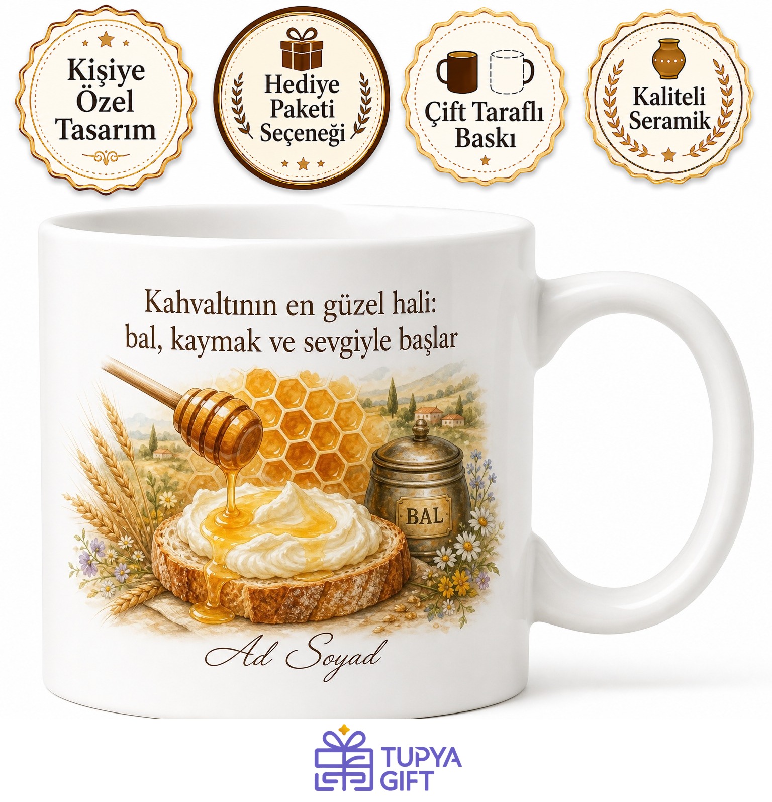 Bal Kaymak Petek Balı Kaymaklı Ekmek Sabah Kahvaltısı Köy Lezzeti Kupa Bardak Hediye