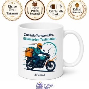 Kurye Paket Taşıma Motosiklet Teslimat Hızlı Kargo Temalı Baskılı Kupa Bardak Hediye