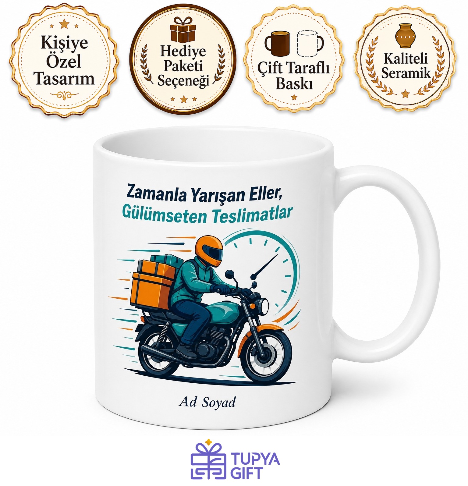 Kurye Paket Taşıma Motosiklet Teslimat Hızlı Kargo Temalı Baskılı Kupa Bardak Hediye