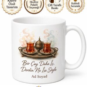 Çaycıya Hediye Kahvehane Sohbeti Çay Tepsisi İnce Belli Bardak Baskılı Kupa