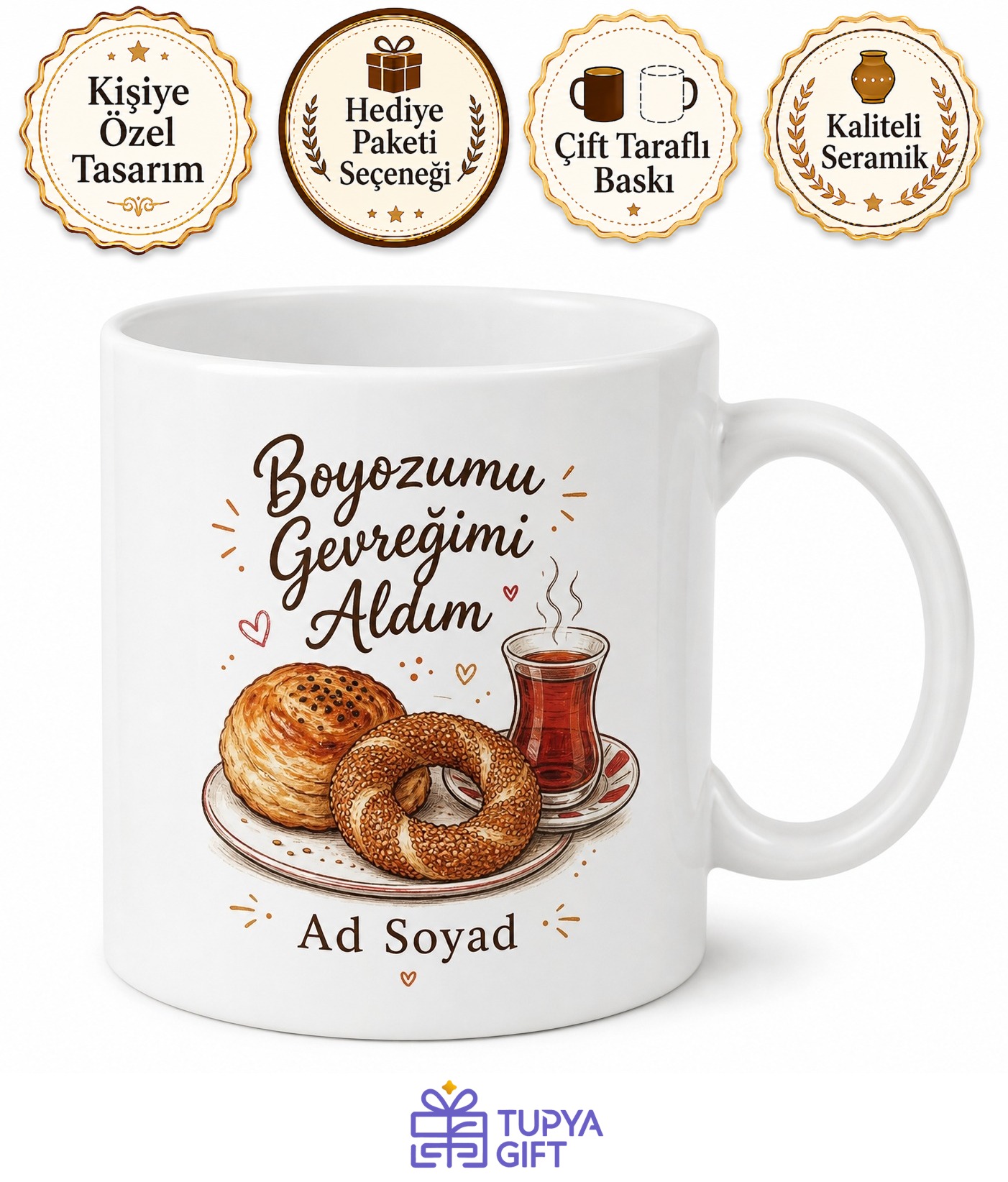 Boyozumu Gevreğimi Aldım Ege Ruhu Kahvaltı Keyfi Çay Kupası Hediye Bardak
