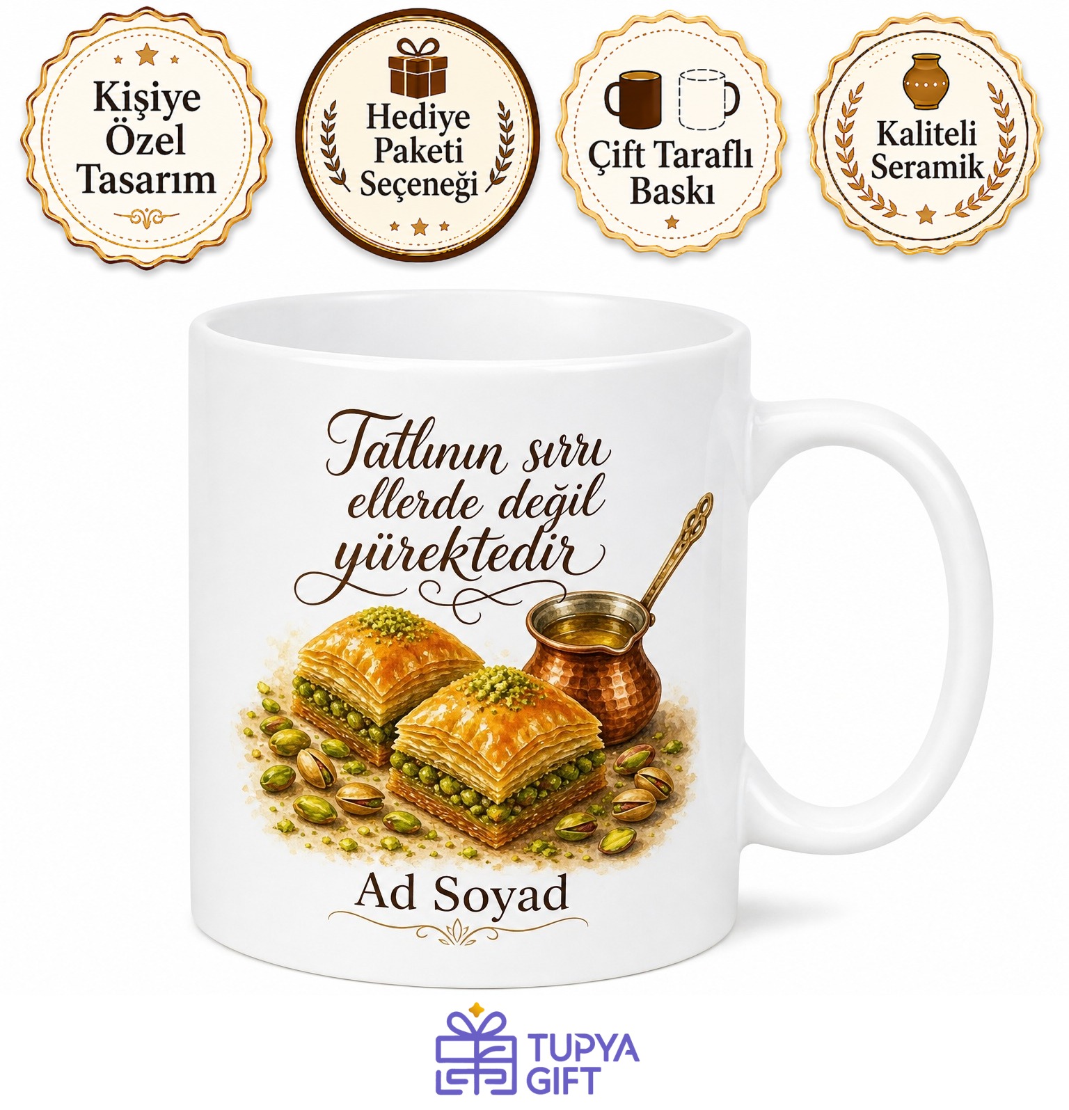 Tatlıcıya Hediye Fıstıklı Lezzet Baklava Gaziantep Tatlısı Temalı Porselen Kupa Bardak