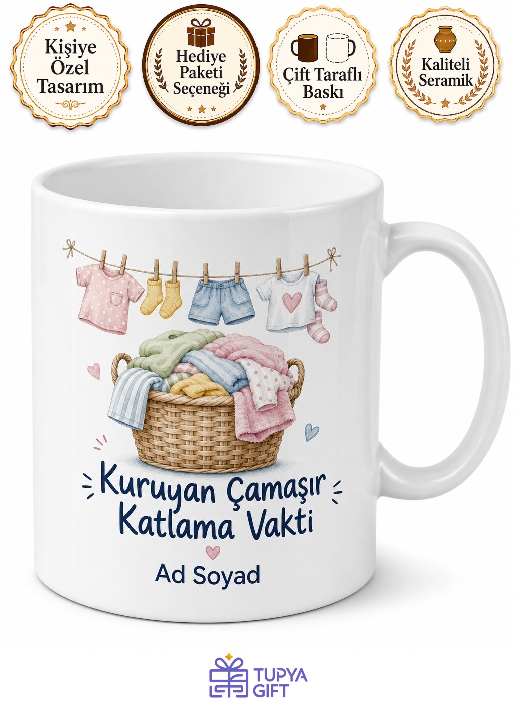 Çamaşır Toplayan Annelere Çamaşır Katlama Vakti Yazılı Kupa Bardak Hediye