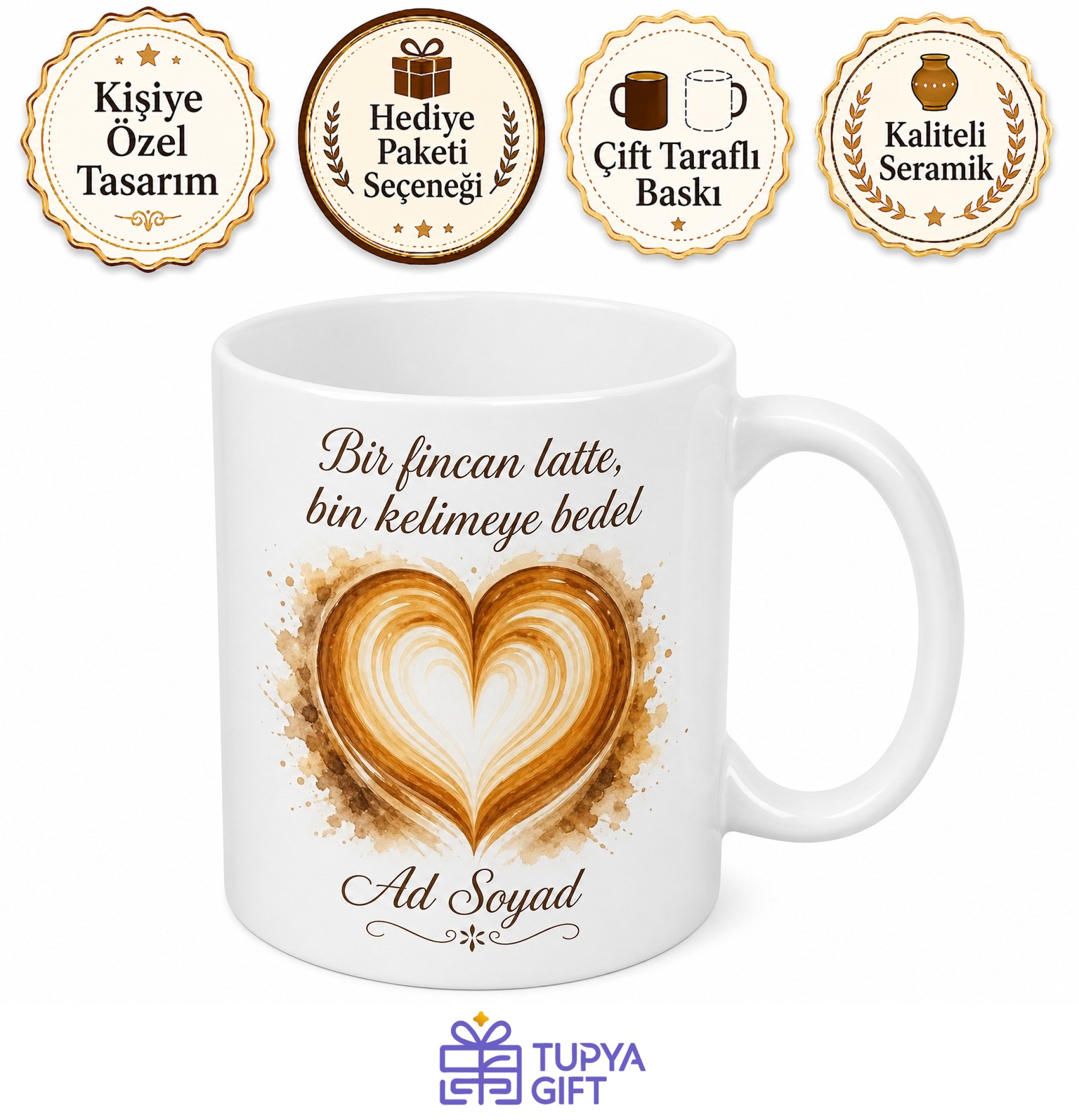 Latte İçenlere Bol Sütlü Kahve Latte Art Kalp Kupa Bardak Hediye