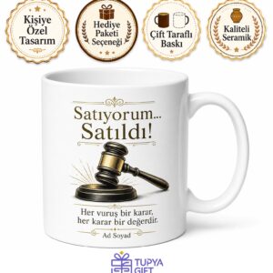 Müzayedeci Açık Artırma Çekiç Vuruşu Satıyorum Satıldı Baskılı Porselen Kupa Hediye Bardak