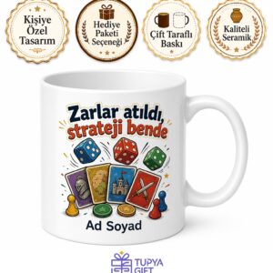 Kutu Oyunu Severlere Zar Strateji Kartları Oyun Gecesi Temalı Baskılı Kupa Bardak Hediye