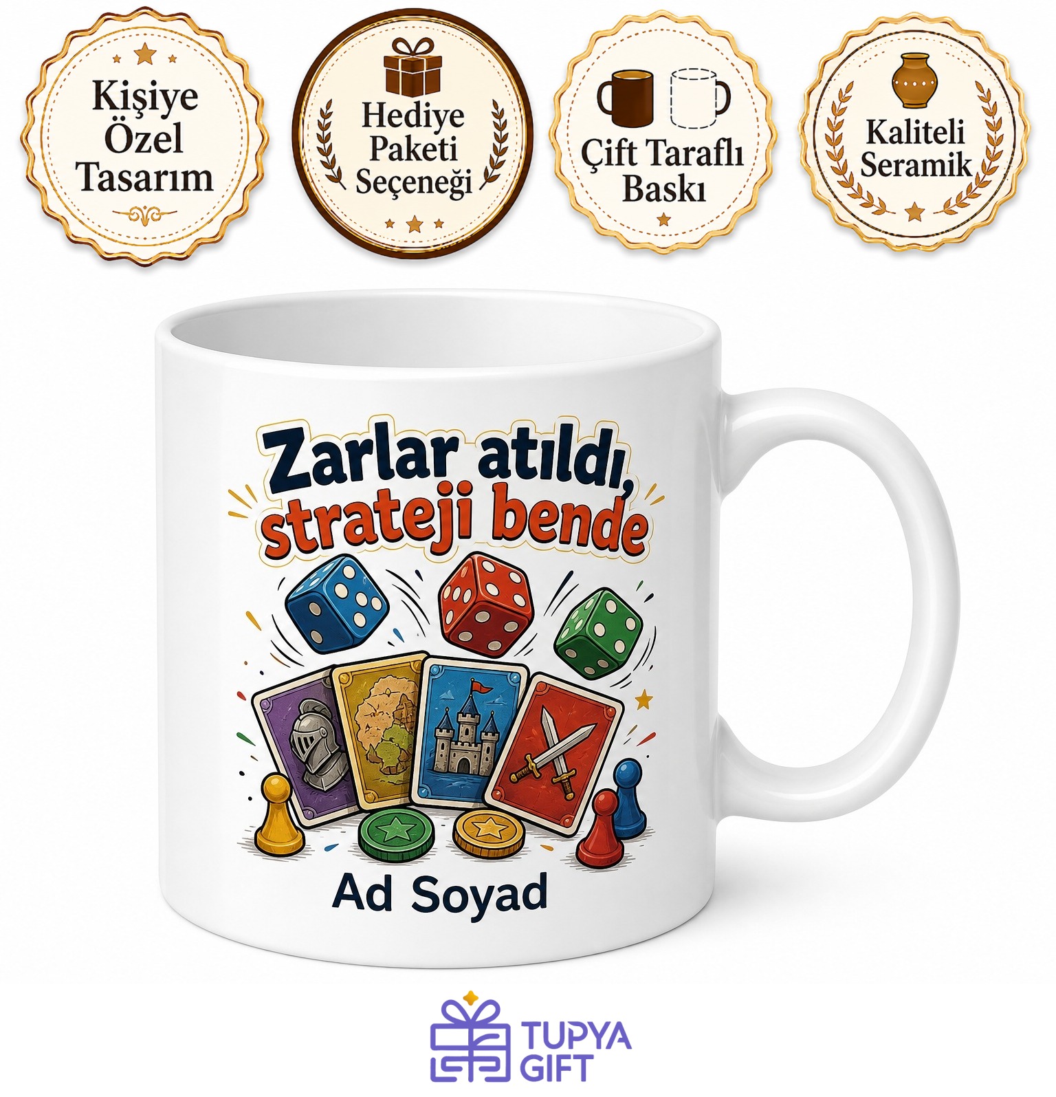 Kutu Oyunu Severlere Zar Strateji Kartları Oyun Gecesi Temalı Baskılı Kupa Bardak Hediye