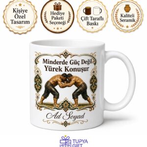Güreşçiye Hediye Yağlı Güreş Pehlivan Gücü Ata Sporu Minderde Tuş Baskılı Porselen Kupa Bardak
