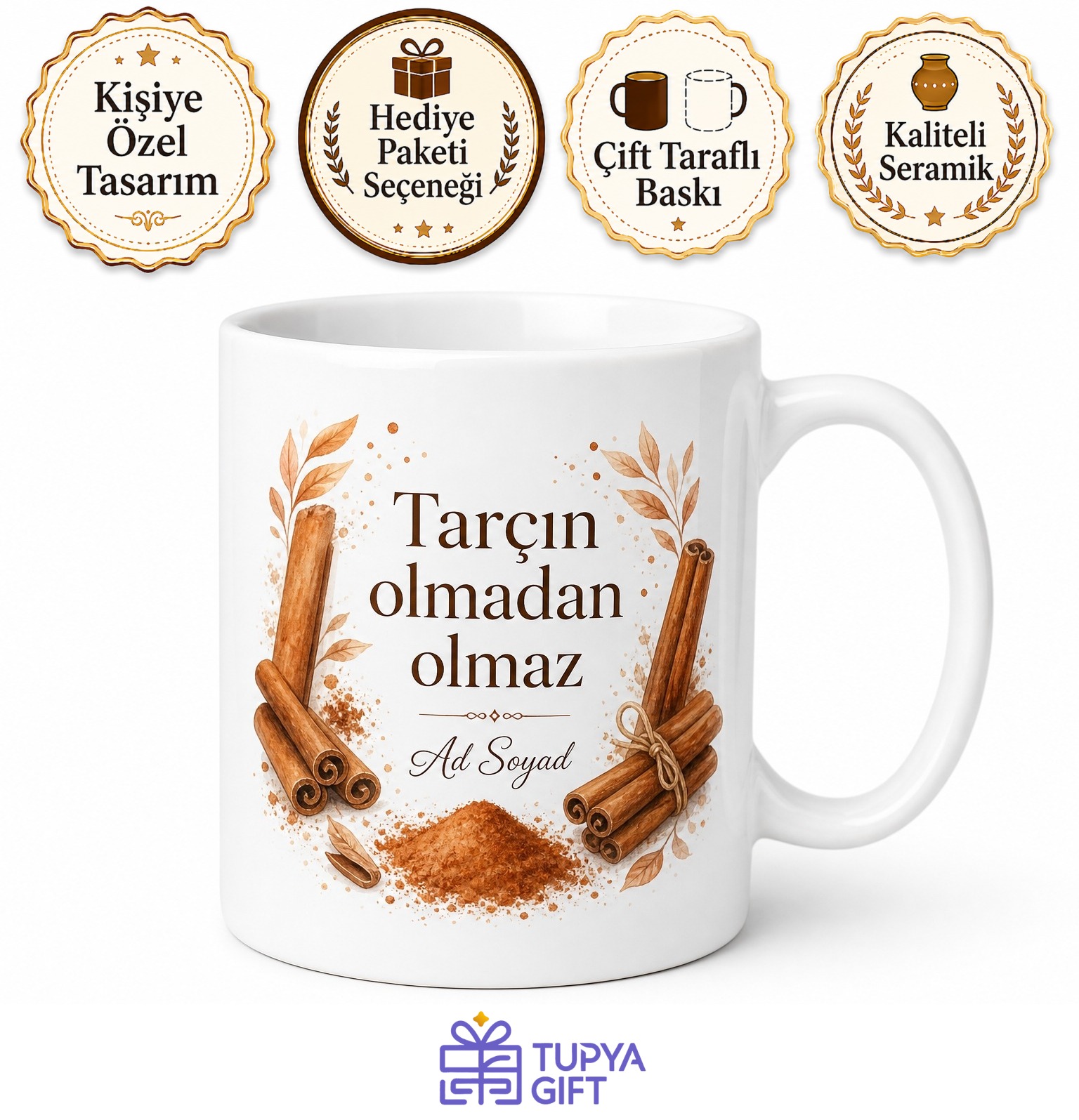 Tarçın Kullananlara Özel Kış Baharatı Temalı Baskılı Porselen Kupa Bardak Hediye