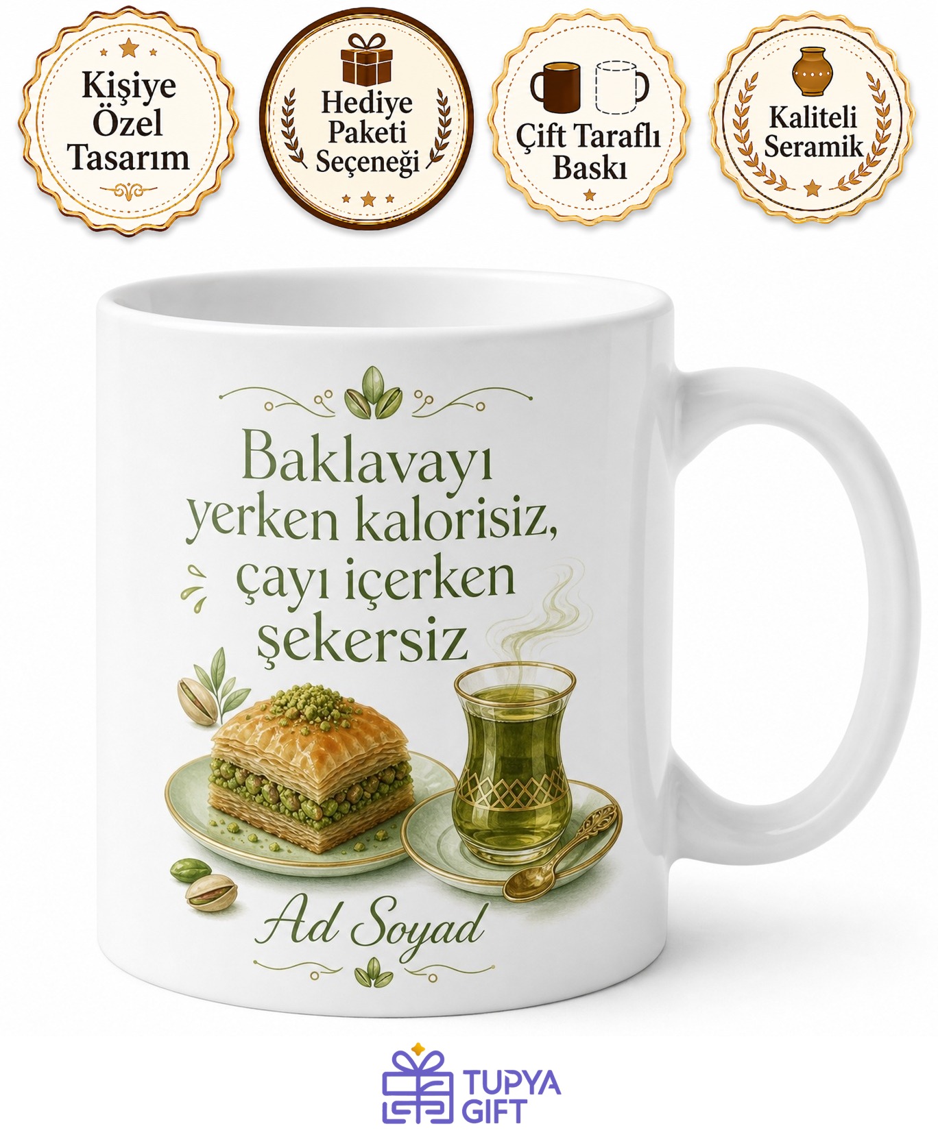Antep Baklavası Yanında Şekersiz Çay İçenlere Fıstık Yeşili Kupa Bardak Hediye