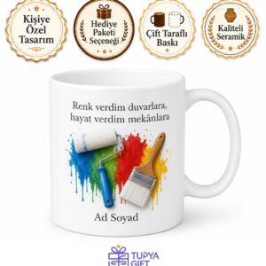Boyacıya Hediye Boya Badana Fırça Temalı Baskılı Porselen Kupa Bardak