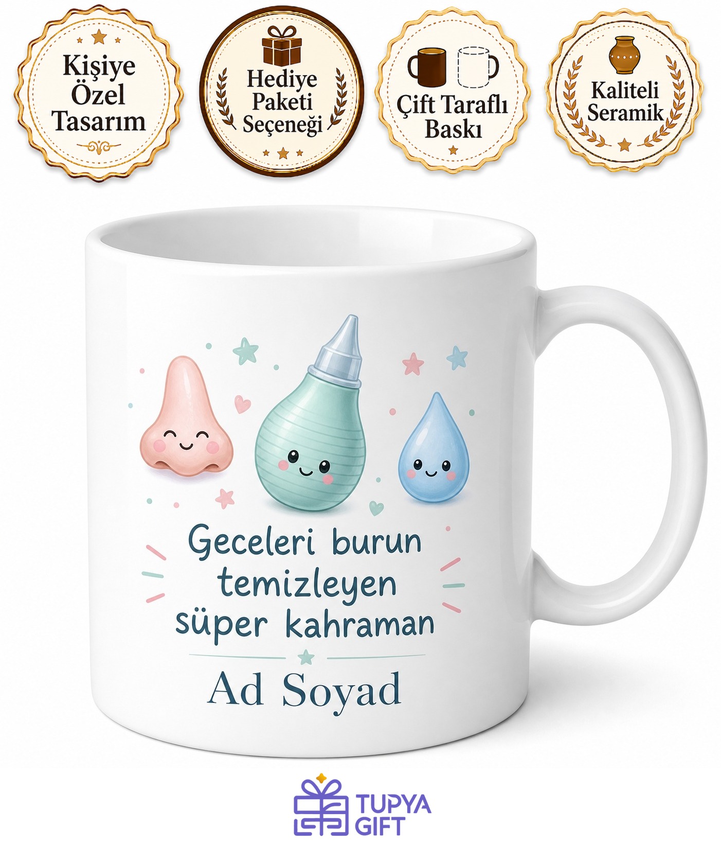 Burun Tıkanıklığı Bebek Annesi Serum Fizyolojik Aspiratör Temalı Kupa Bardak Hediye