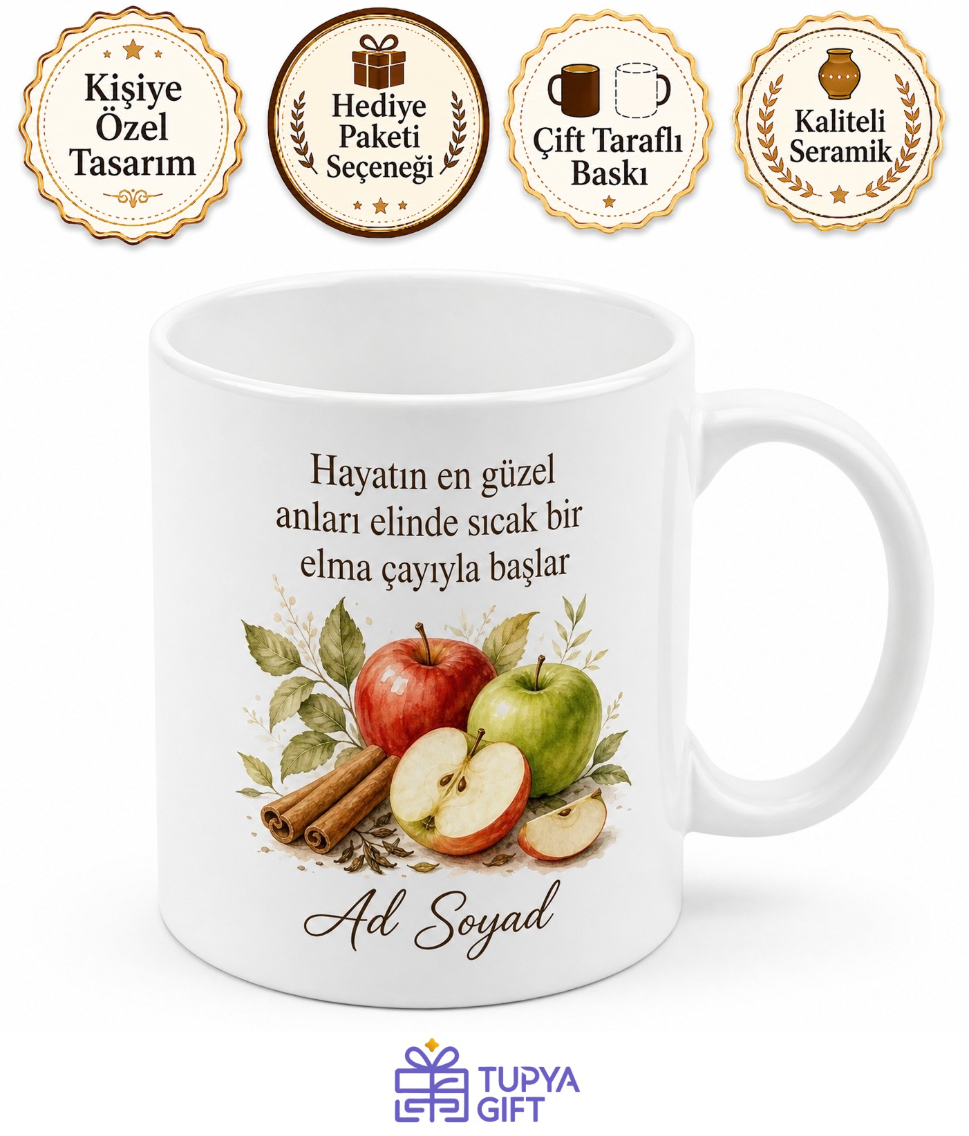 Elma Çayı İçenlere Meyve Çayı Kupa Bardak Hediye Porselen Kupa