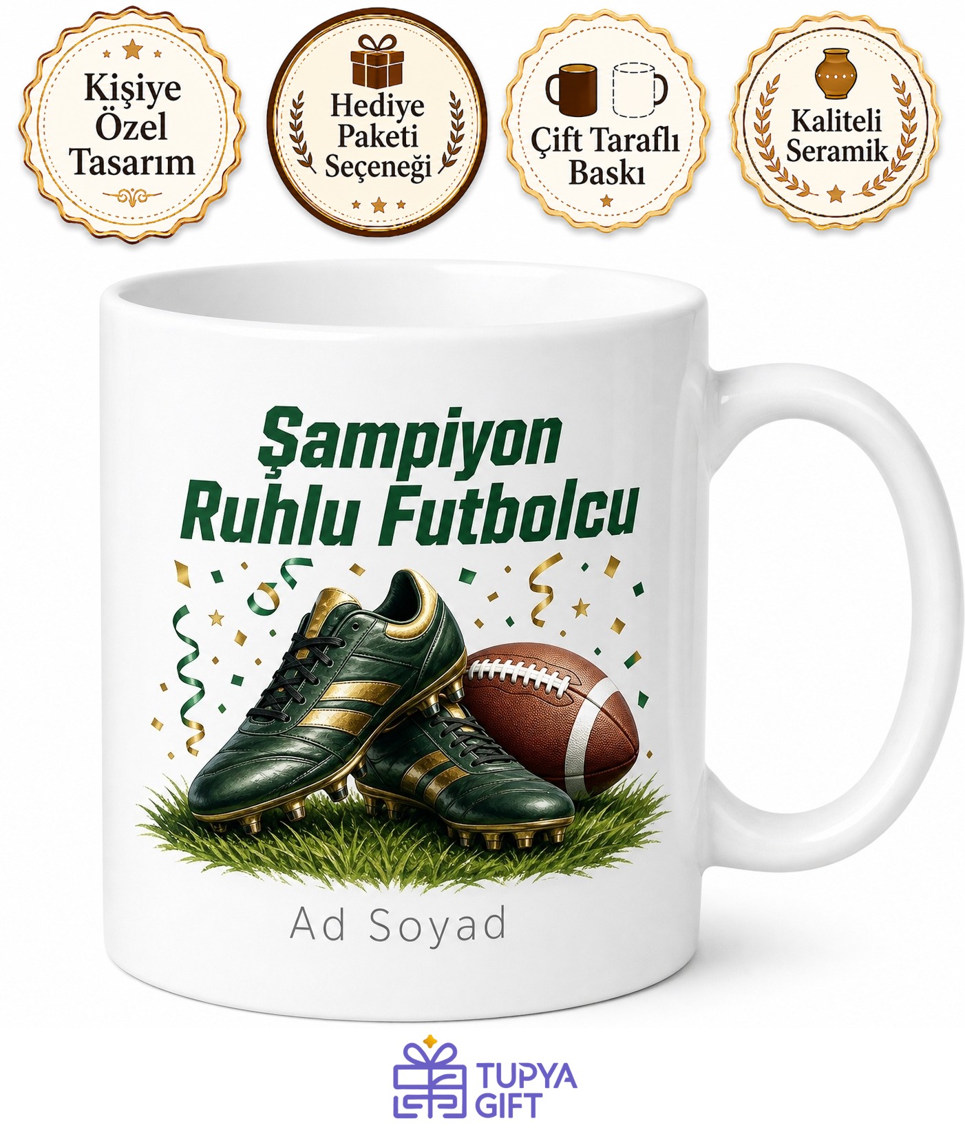 Futbolcuya Hediye Krampon Yeşil Saha Gol Sevinci Şampiyonluk Baskılı Porselen Kupa Bardak