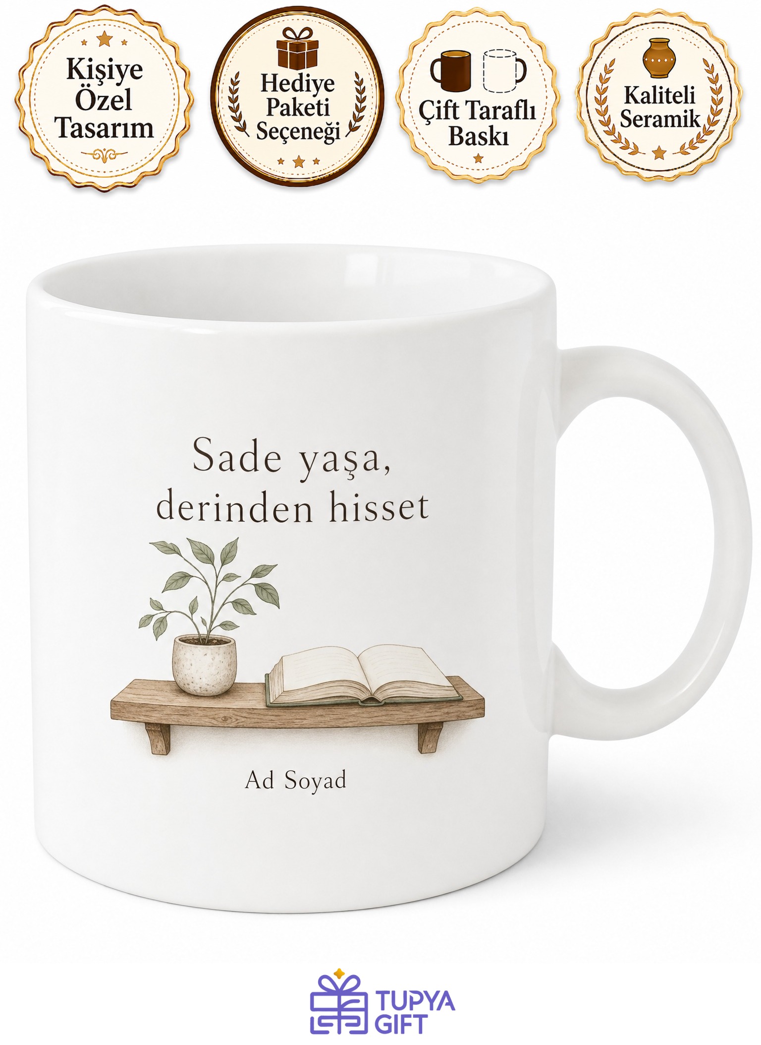 Minimalist Dekorasyon Sade Yaşam Az Eşya Huzur Beyaz Ahşap Temalı Kupa Bardak Hediye
