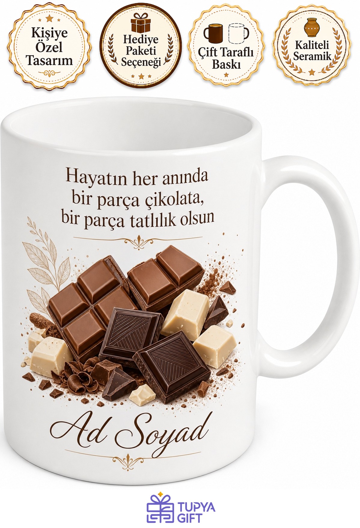 Çikolata Severler İçin Sütlü Bitter Beyaz Çikolata Temalı Kupa Bardak Hediye