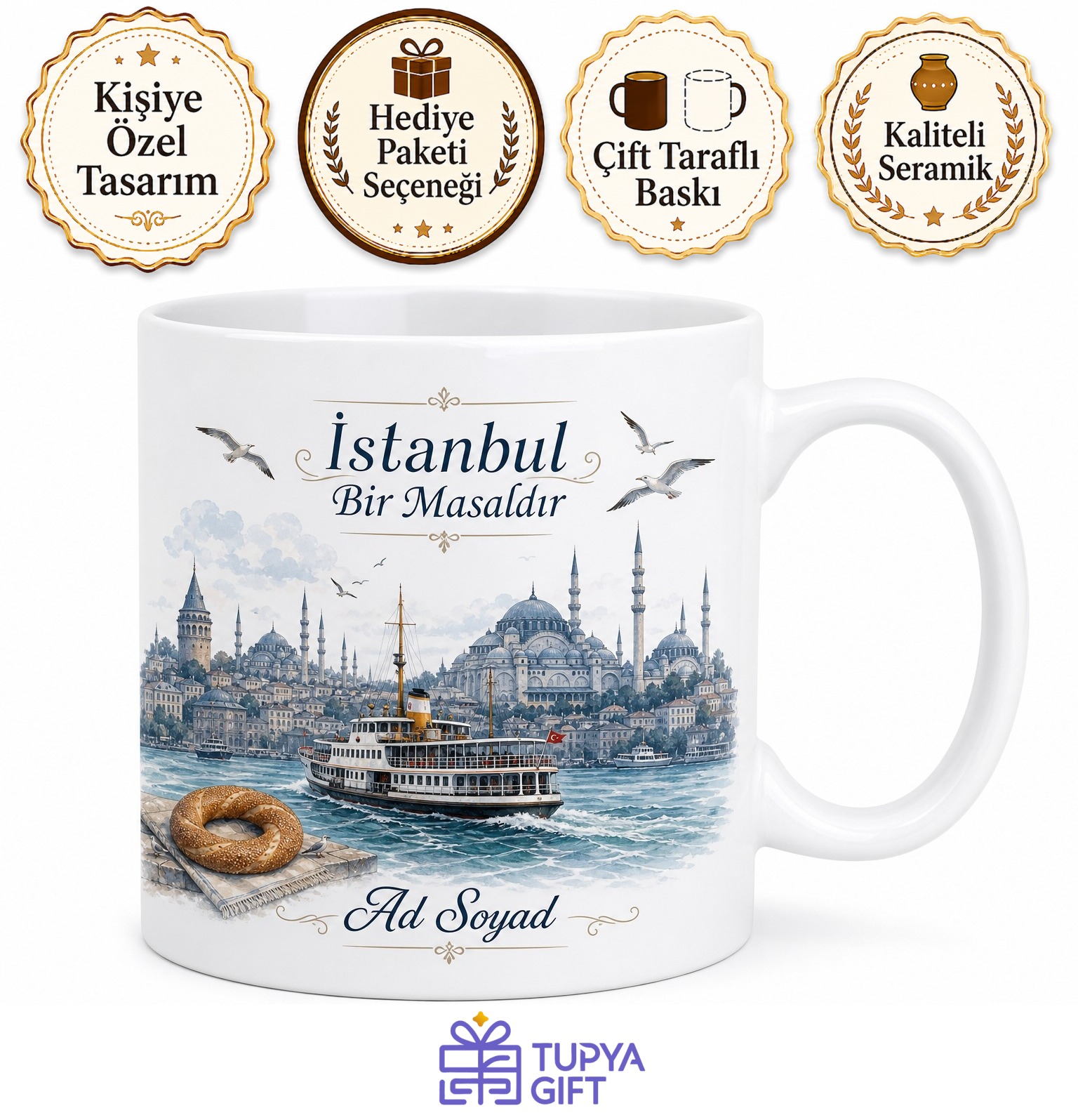 İstanbul Boğazı Silüeti Martı Ve Simit Vapur Keyfi Çay Kupası Hediye Bardak