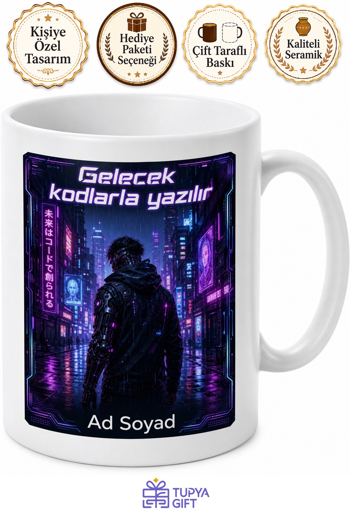 Cyberpunk Siber İmplantlar Neon Sokaklar Teknoloji Distopyası Baskılı Kupa Bardak Hediye