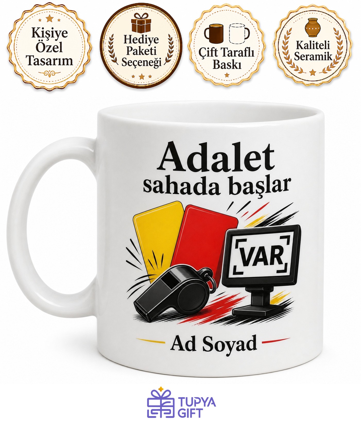 Hakeme Özel Sarı Kırmızı Kart Düdük VAR İncelemesi Baskılı Porselen Kupa Hediye