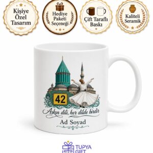 Konya Plakalı Mevlana Türbesi Ve Semazen Çizimli Manevi Kupa Bardak Hediye