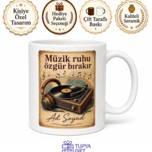 Müzik Aşığı Plak Çalar Kulaklık Retro Sesler Cızırtılı Kupa Bardak Hediye