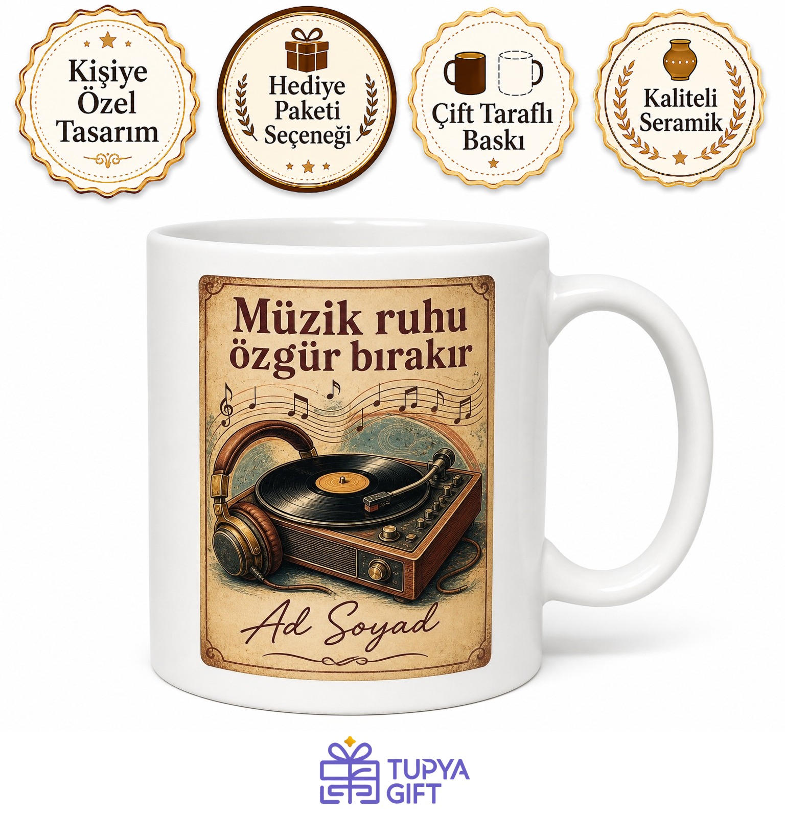 Müzik Aşığı Plak Çalar Kulaklık Retro Sesler Cızırtılı Kupa Bardak Hediye