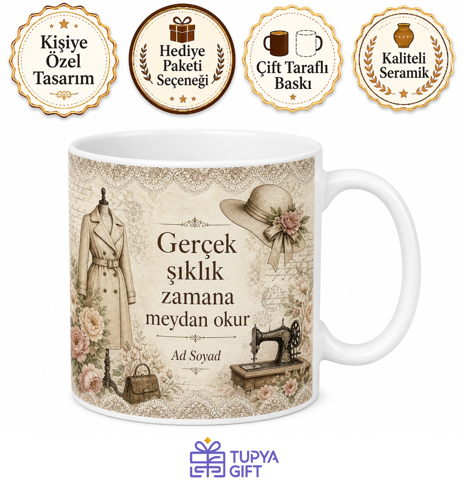 Vintage Giyim Nostaljik Desen Kupa İkinci El Şıklığı Özel Tasarım Hediye Bardak