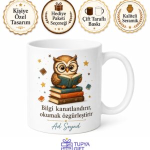 Gözlüklü Kitap Okuyan Baykuş Bilge Öğrenci Hediye Kupası Porselen Bardak